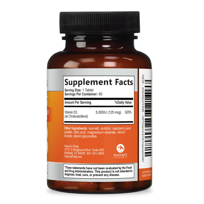 Vitamin D3 5000iu (125 mcg) Per Serving - 3X Strength Immune Health Support Vitamin D Dietary Supplement for Bone, Teeth, Muscle - Vit D, Vegan, Gluten Free, Raspberry Flavor - 60 Chewable Tablets 60 Count (Pack of 1)
