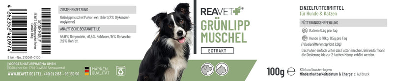 ReaVET Green Lipped Mussel Extract Powder 100g for Dogs & Cats | Green-lipped mussel powder dog, green-lipped mussel extract in high doses after treated arthrosis arthritis 100 g - BeesActive Australia