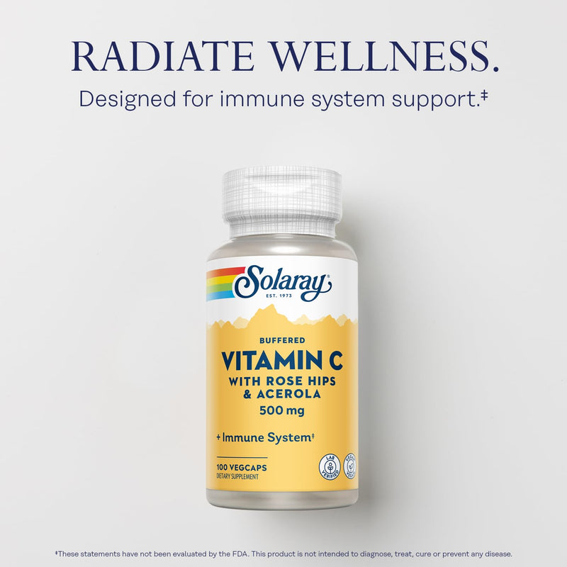 SOLARAY Buffered Vitamin C 500mg w/Rose Hips and Acerola, 100 Servings | Immune Support Supplement, Antioxidant Source - Buffering Base of Calcium, Magnesium for Easy Digestion - Vegan, Lab Verified