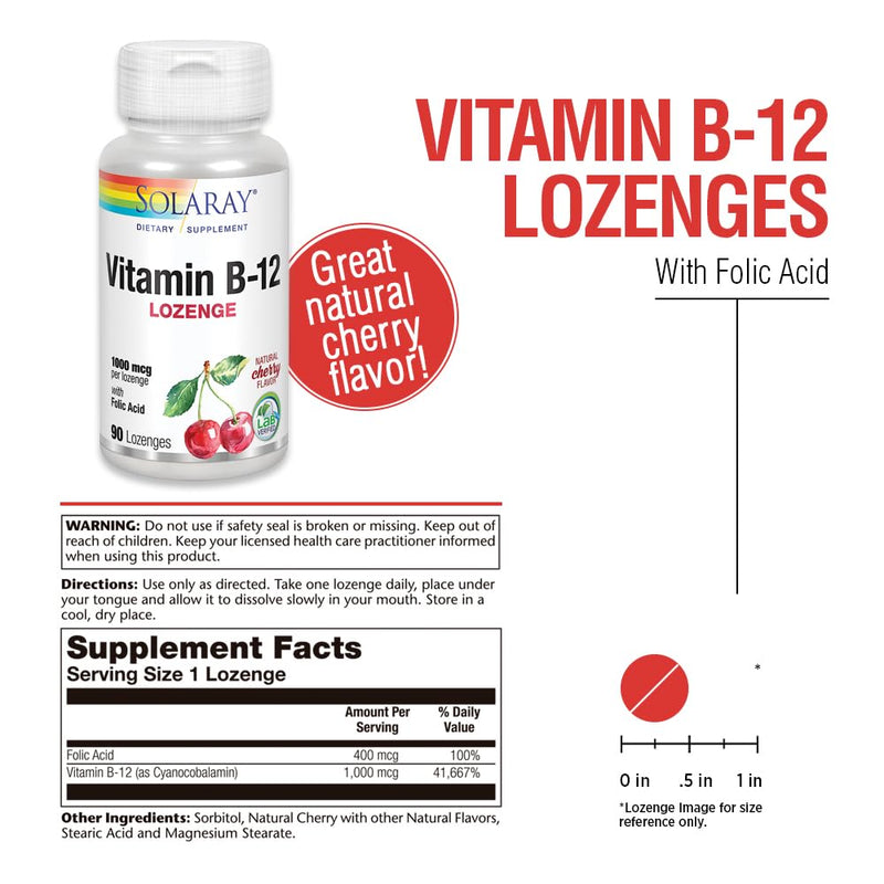 Solaray Vitamin B-12 1000mcg Lozenges, Natural Cherry Flavor, 90 Count | B12 Vitamins 1000 Mcg, Cyanocobalamin for Women & Men, B-Vitamins for Cellular Energy Support & Nerve Health