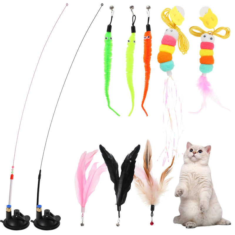 8pcs Cat Feathe Toys, Interactive Cat Toy for Indoor Cats, Suction Cup Cat Toys for Indoor Cats, Replacements Feathers Worm, Hanging Cat String Toy for Bored Indoor Kitten - BeesActive Australia