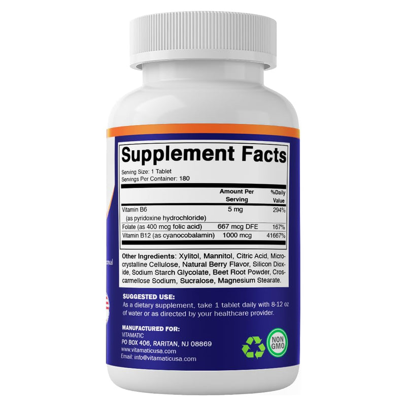 Vitamatic Folic Acid, Vitamin B12 & B6 – 180 Fast Dissolve Tablets Heart Health, Energy Production & Red Blood Cell Support 180 Count (Pack of 1)