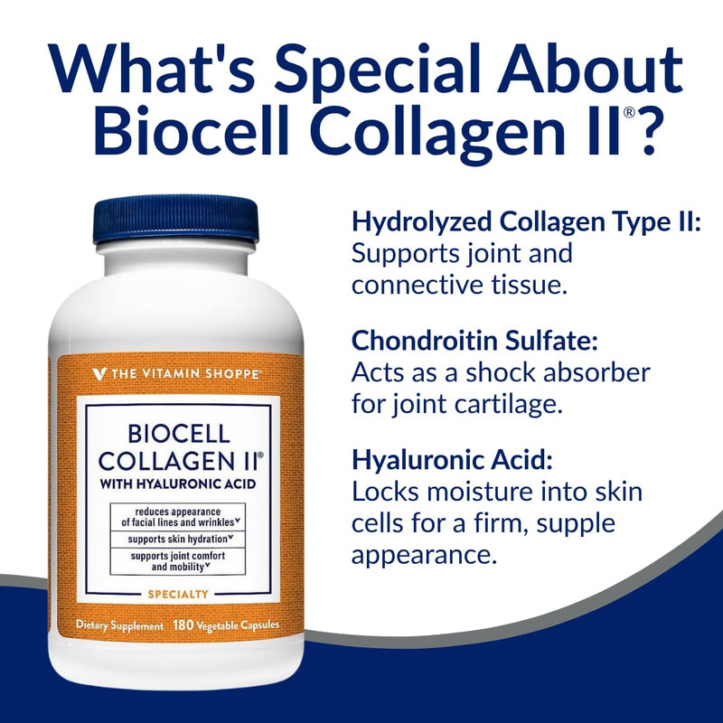 The Vitamin Shoppe Brand BioCell Collagen Capsules, 1000 mg, 180 Capsules | Hyaluronic Acid, 1000 MG Collagen per Serving, Supplement for Men and Women, Supports Daily Wellness, Gluten Free, Non GMO 180 Count (Pack of 1)