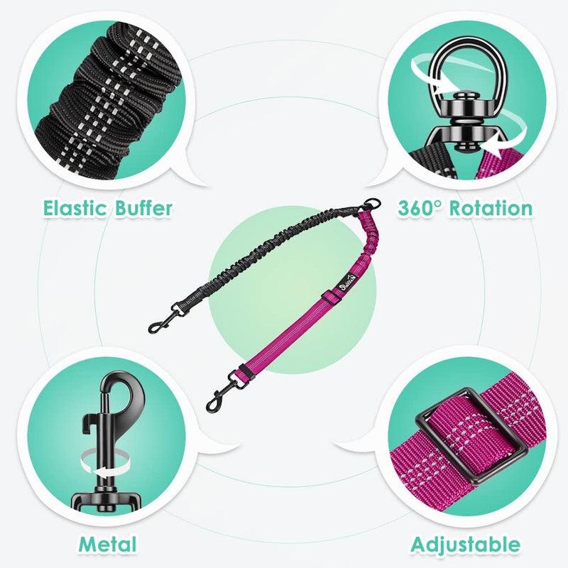 Two Dog Lead, 2 in 1 Upgraded Double Dog Leash Attachment Combine Adjustable Strap and Shock Absorbing Bungee No Tangle Dual Training Splitter for Different Size Dogs Fuchsia - Medium - BeesActive Australia