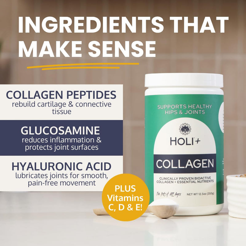 HOLI+ Collagen Supplement for Dogs - Hip and Joint Care Collagen Powder with Glucosamine and Hyaluronic Acid - Easy to Mix Functional Topper