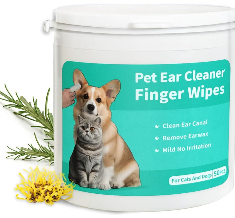 Pet Ear Cleaner Finger Wipes for Dogs, Cats, Gentle Alcohol-Free Formula, Removes Wax, Debris, 50 Count, Vet Approved, 4x8cm Ear Finger Wipes - 50Counts