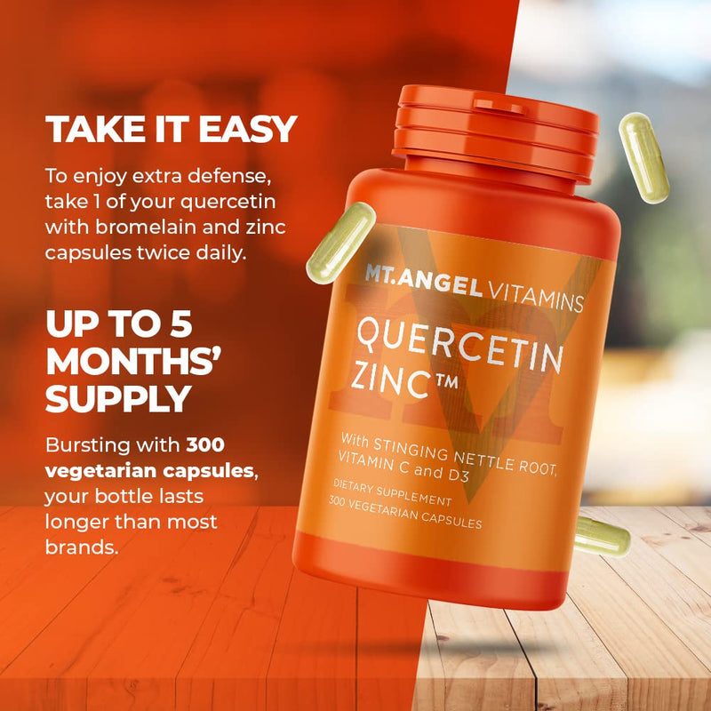 Mt. Angel Vitamins - Zinc Quercetin with Bromelain Supplement – Immune Support & Respiratory Health - Quercetin 500mg Capsules | Zinc 50mg | Vitamin C Capsules | Immune Booster for Adults - 300ct. 300 Count (Pack of 1)