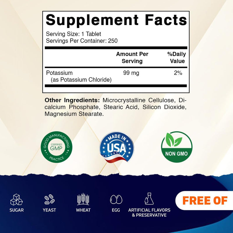 Vitamatic Potassium 99mg ‚Äì 250 Tablets ‚Äì Potassium Chloride for Muscle, Heart & Nerve Function ‚Äì Electrolyte Support ‚Äì Non-GMO, Gluten-Free