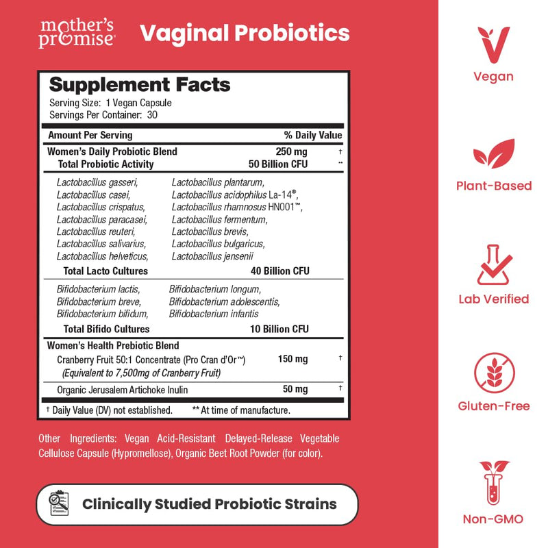 Mother's Promise Vaginal Probiotics, 50 Billion CFU, 30 Vegan Capsules