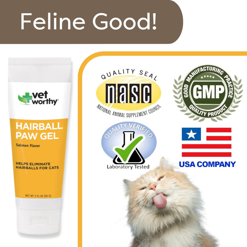 Vet Worthy Hairball Paw Gel Aid for Cats - Hairball Remedy for Cats for Digestive Aid and Hairball Relief --Easy to Give - Salmon Flavor - 3 oz - BeesActive Australia