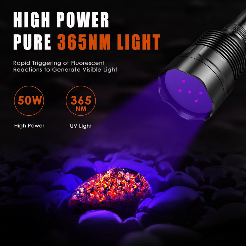 UniqueFire 365nm Black Light UV Flashlight with 5 LEDs Professional UV Light, 50W Powerful Blacklight Flashlight Rechargeable for Pet Urine Finding & Mineral, Antique Detection, Scorpion Search, etc - BeesActive Australia
