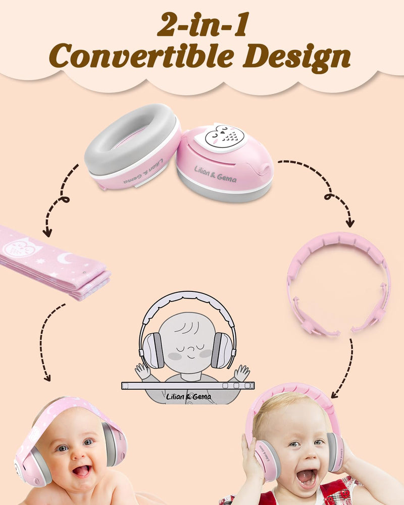 Lilian&Gema 2-in-1 Baby Ear Muffs Noise Protection, Adjustable Headphones with Band, Owls Noise Cancelling Headphones for Babies & Toddler up to 4 Years, Baby Airplane Essentials/Outdoor, Pink