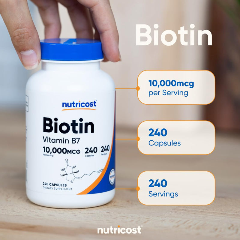 Nutricost Biotin (Vitamin B7) 10,000mcg (10mg) Vitamin Supplement, 240 Capsules - Vegetarian, Gluten Free, Quick Release, Non-GMO (Pack of 3) 240 Capsules (Pack of 3)