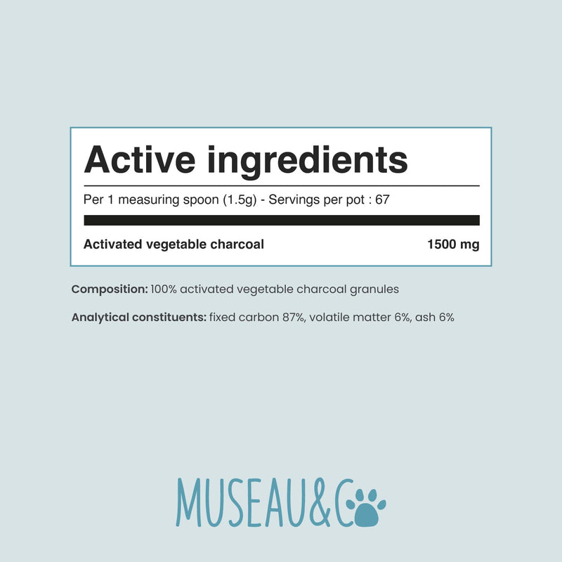 Museau & Co Activated Charcoal for Dogs and Cats - 100g - Digestion, Bloating, Constipation, Diarrhea, Excessive Flatulence Made in France