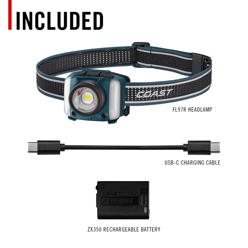 Coast FL97R Voice-Controlled 1200 Lumen Rechargeable LED Headlamp with Pure Beam® Spot & Flood, ARC Lighting, Red & Green Color Modes, Glide Focus™ Radial Arm Dial and USB-C Charge Port, Ocean Blue - BeesActive Australia