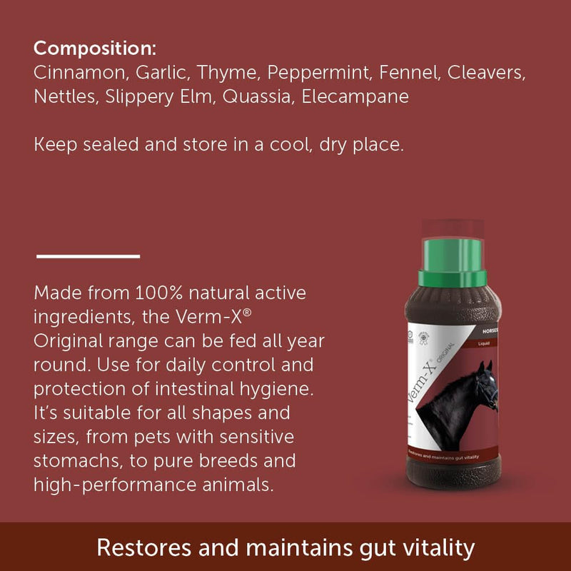 Verm-X All Natural Liquid for Horses and Ponies. Supports Intestinal Hygiene. Vet Approved. UFAS Assured.  Restores and Maintains Gut Vitality. Wormwood Free Recipe., clear,500ml