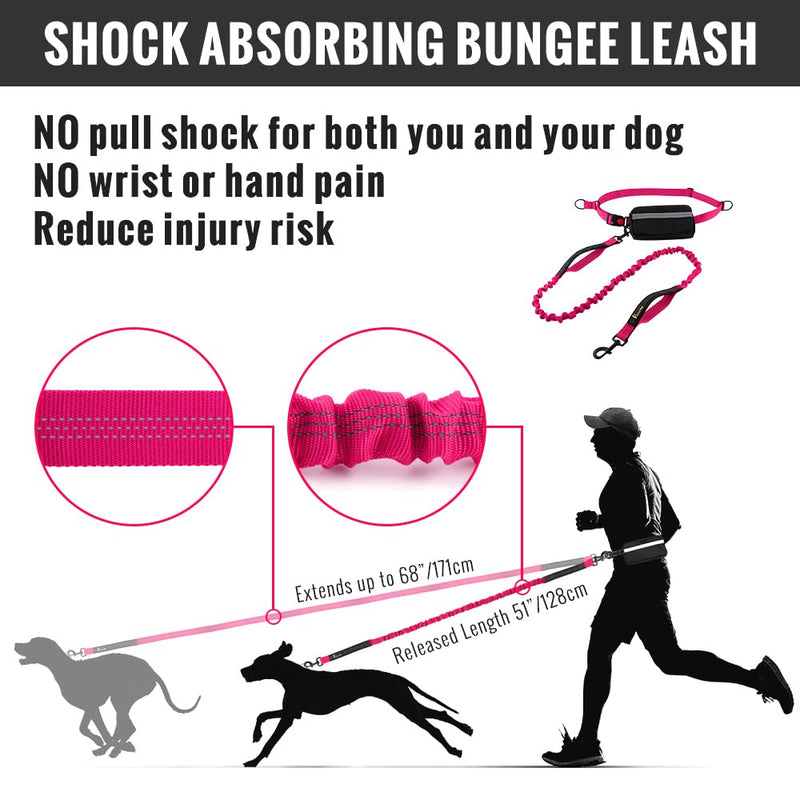 Plutus Pet Hands Free Dog Leash, Soft Padded Dual Handle Retractable Bungee Leash with Reflective Stitches, Adjustable Wasit Leash for Dog Walking Running Jogging, for Medium Large Dogs New Hot Pink - BeesActive Australia