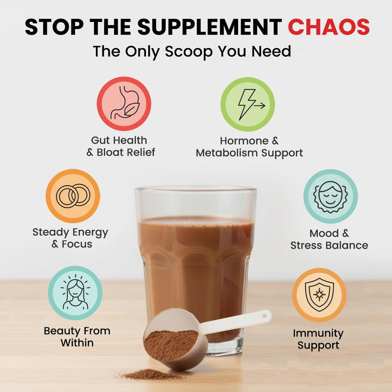 VYB All-in-One Super Powder with Vitamins, Superfoods, Probiotics, Functional Mushrooms, & DIM for Gut Health, Energy, Mood, Hormone Support & Wellness -Chocolate Flavor - 30 Servings