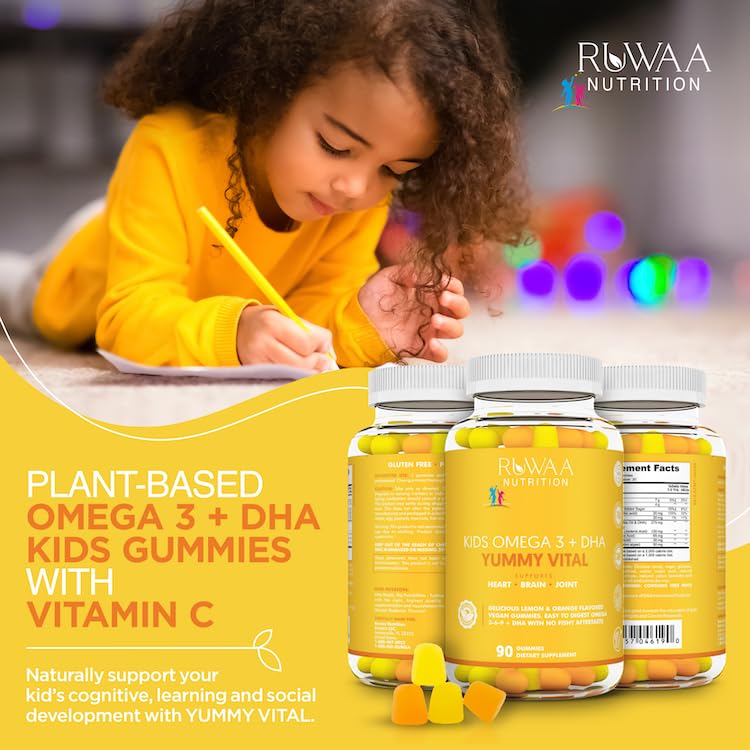 RUWAA NUTRITION Omega 3, DHA, Plant-Based 3 6 9 + Vitamin C: Immune Support, Heart, Brain, Eye & Joint Supplement, Vegetarian, Gluten Free, Non-GMO, 90 Gummies (1) 1