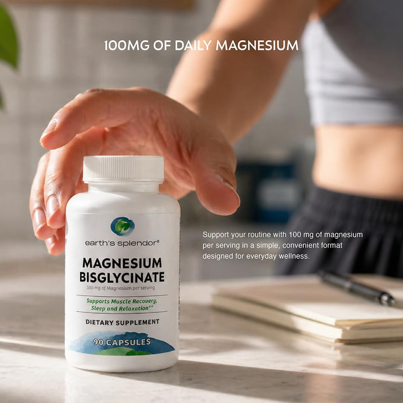 Earth's Splendor Magnesium Bisglycinate Supplement Vegan Non GMO 90 Serving | Muscle Recovery Sleep Support Relaxation Mineral Formula Daily Wellness Three Month Supply