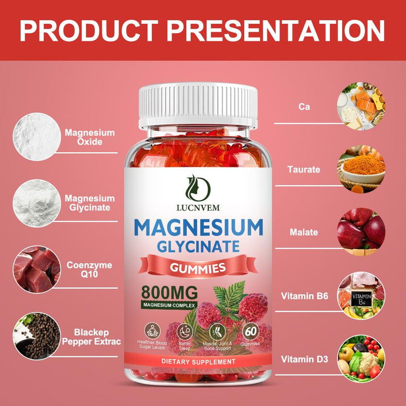 Sugar Free Magnesium Glycinate Gummies, 500mg Magnesium Glycinate with 200mg Magnesium Malate, Taurate, Oxide, COQ10, Vitamin B6 and D3, Sleep & Calm Support, 60 Raspberry Gummies 60 Count (Pack of 1)