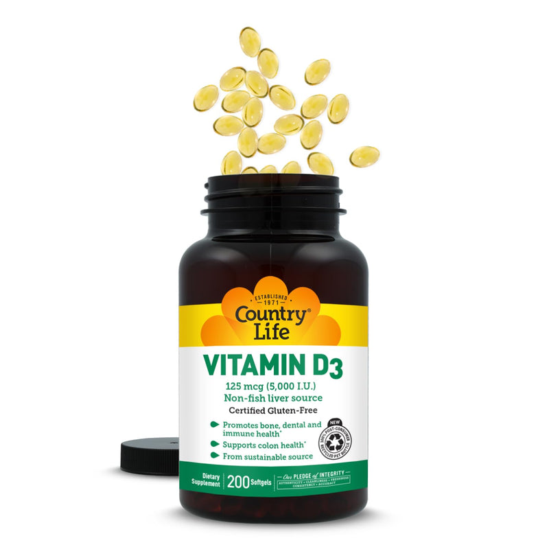Country Life Vitamin D3 125 mcg 5000 IU, Gluten-Free, 200 Softgels | Supports bone, dental, immune and colon health while helping the body absorb calcium 200 Count (Pack of 1)