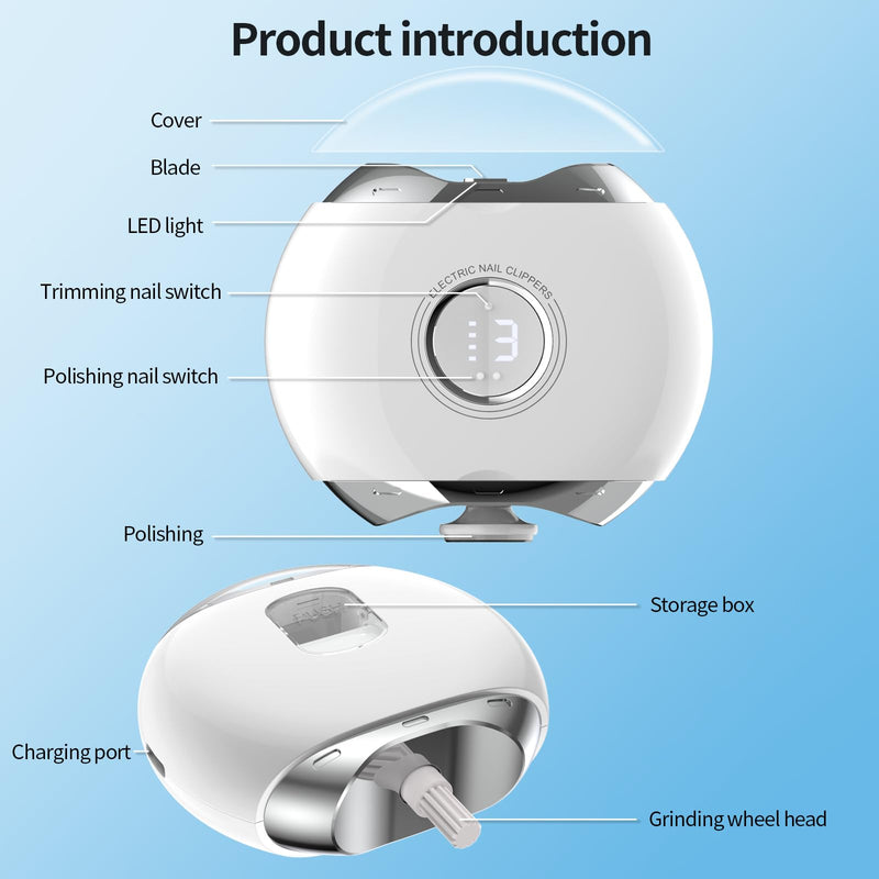 Electric Nail Clipper with LED Light & 3 Speeds, Fingernail Cutter and Polisher and Exfoliating 3 in 1 Nail Scraps Storage Rechargeable Safety Fingernail Trimmer for Baby Seniors and Adult White With Clear