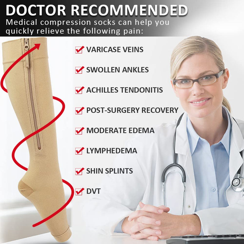 Ailaka Medical Compression Socks with Zipper, Knee High 15-20 mmHg Compression Socks for Women Men, Open Toe Support Socks for Varicose Veins, Edema, Recovery, Pregnant, Nurse 2X-Large (1 Pair) Beige