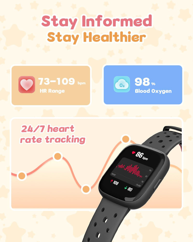 Kids Watch for Boys 5-12, Kids Smart Watch Fitness Tracker Pedometer, No Phone Needed, Puzzle Games with Parental Control, IP68 Waterproof, Heart Rate, Sleep Monitor, Step Counter, 80 Sports Black
