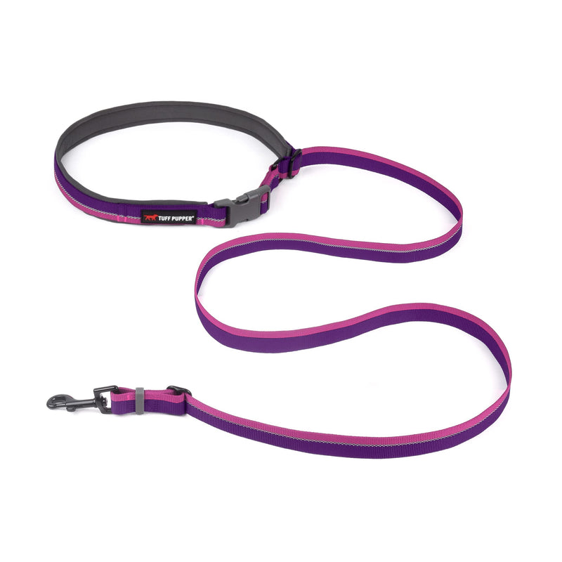 Tuff Pupper Hands Free Adjustable Length Dog Leash | Lightweight for Running Jogging Walking | Padded Waist Belt (24-50 inch) | Adjusts 3 to 6 Feet Length | Strong Ballistic Nylon w/Reflective Strips Punch Purple - BeesActive Australia