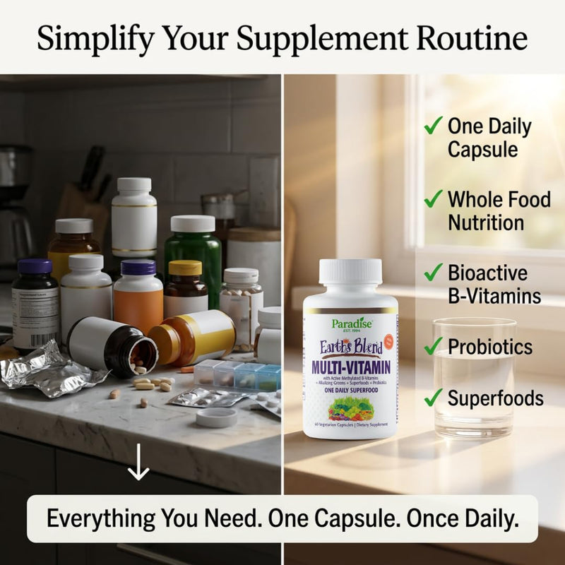 Paradise Herbs & Essentials Once Daily Multivitamin Iron 60 Capsules | Organic superfoods, probiotics, and vitamins A, B12, C, D, K2 in a dietary supplement for immune and bone support. With Iron 60 Count (Pack of 1)