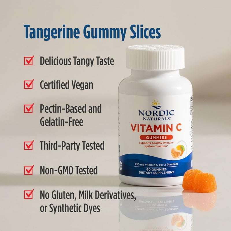 Nordic Naturals Vitamin C Gummies, 250mg Vegan, Tart Tangerine - 60 Count | Supports immune health, antioxidant protection, child growth & development. Tart tangerine flavor gummies for kids & adults 60 Count (Pack of 1)