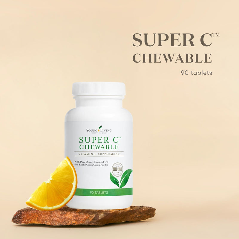 Young Living Super C Chewable Tablets 90ct - Vitamin C Supplement with Blend of Camu Camu, Acerola, Cherry, and Rose Hip Fruit Powder and Orange Premium Essential Oil