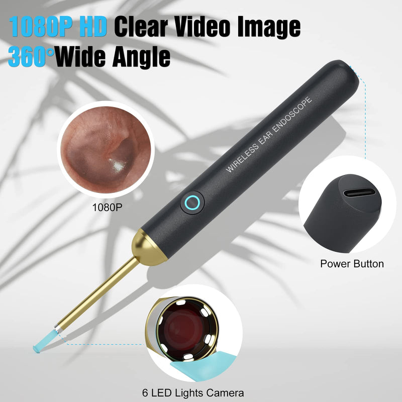 Ear Wax Removal - NIUQICT Ear Cleaner - Ear Camera 1080P with Lights - Ear Wax Removal Tool 9 Pcs - Ear Cleaning Kit, Wireless Otoscope Compatible with Android&iOS for Kids, Adults&Pets Golden Black - BeesActive Australia