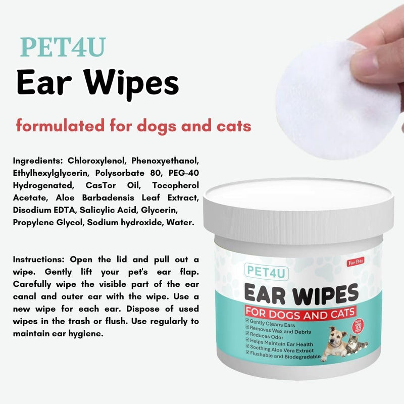 Gentle Ear Wipes for Dogs and Cats - 120 Wipes - Soothes Irritation, Removes Wax & Dirt - Safe for Sensitive Ears, with Aloe Vera & Castor Oil - Biodegradable & Flushable