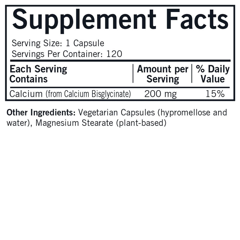 Kirkman - Calcium Bisglycinate Chelate 200mg - 120 Capsules - Without Vitamin D3 - Helps Maintain Strong Bones - Hypoallergenic