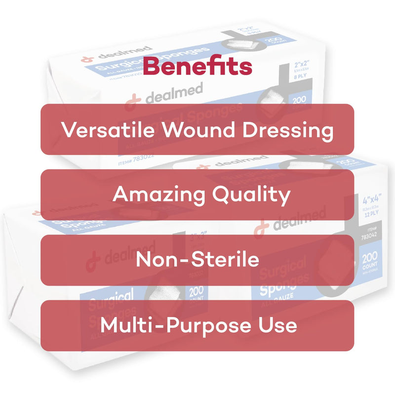 Dealmed 4" x 4" Surgical Sponges, 8-Ply, Non-Woven Absorbent Gauze Sponges for Wound Care, First Aid Kits and Medical Facilities, 200 Count (Pack of 4) 4” x 4” 4 Pack - BeesActive Australia