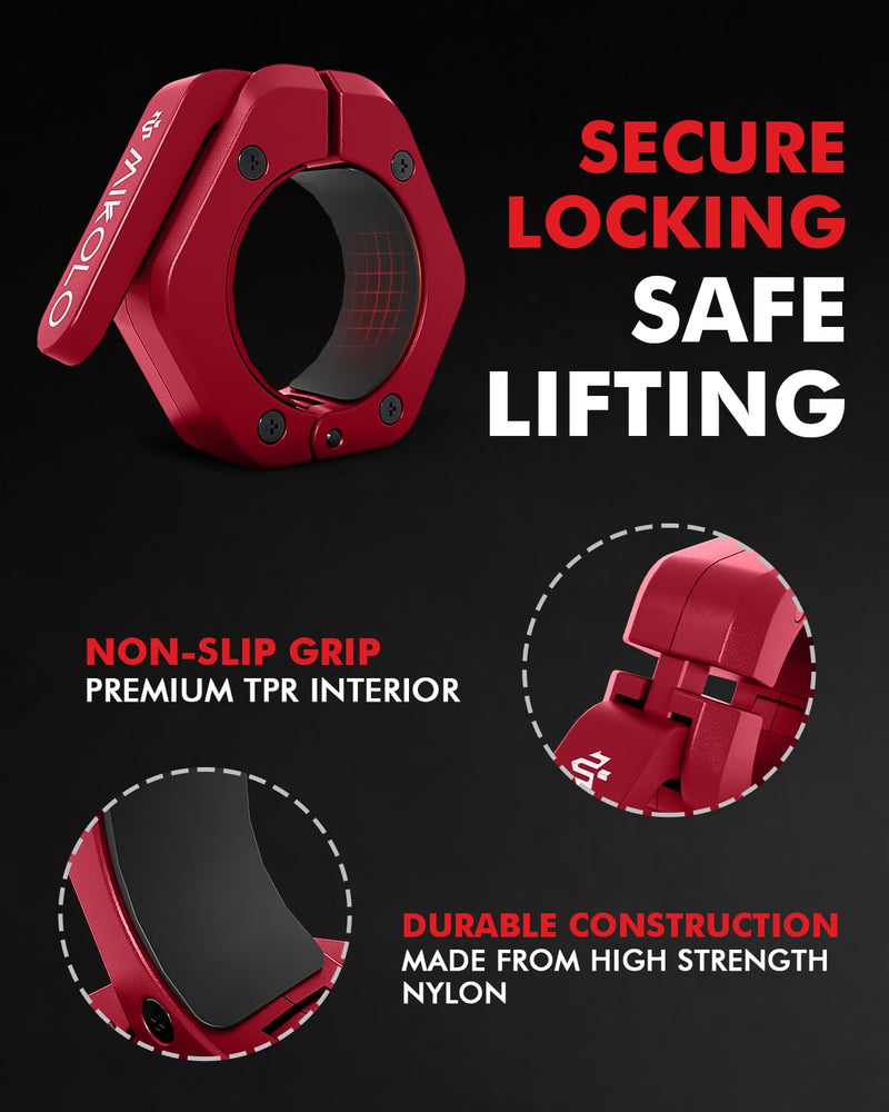 Mikolo Barbell Clamps,2-Inch Olympic Barbell Clips with Anti-Slip TPR Lining and Quick Release for Home and Gym Use Red Magnetic