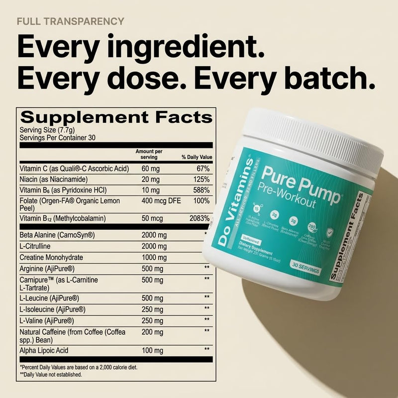 Do Vitamins PurePump Pre Workout Powder for Men & Women, Unflavored | Creatine BCAA, Clean Energy, Zero Fillers, Keto Vegan Paleo, 30 Servings