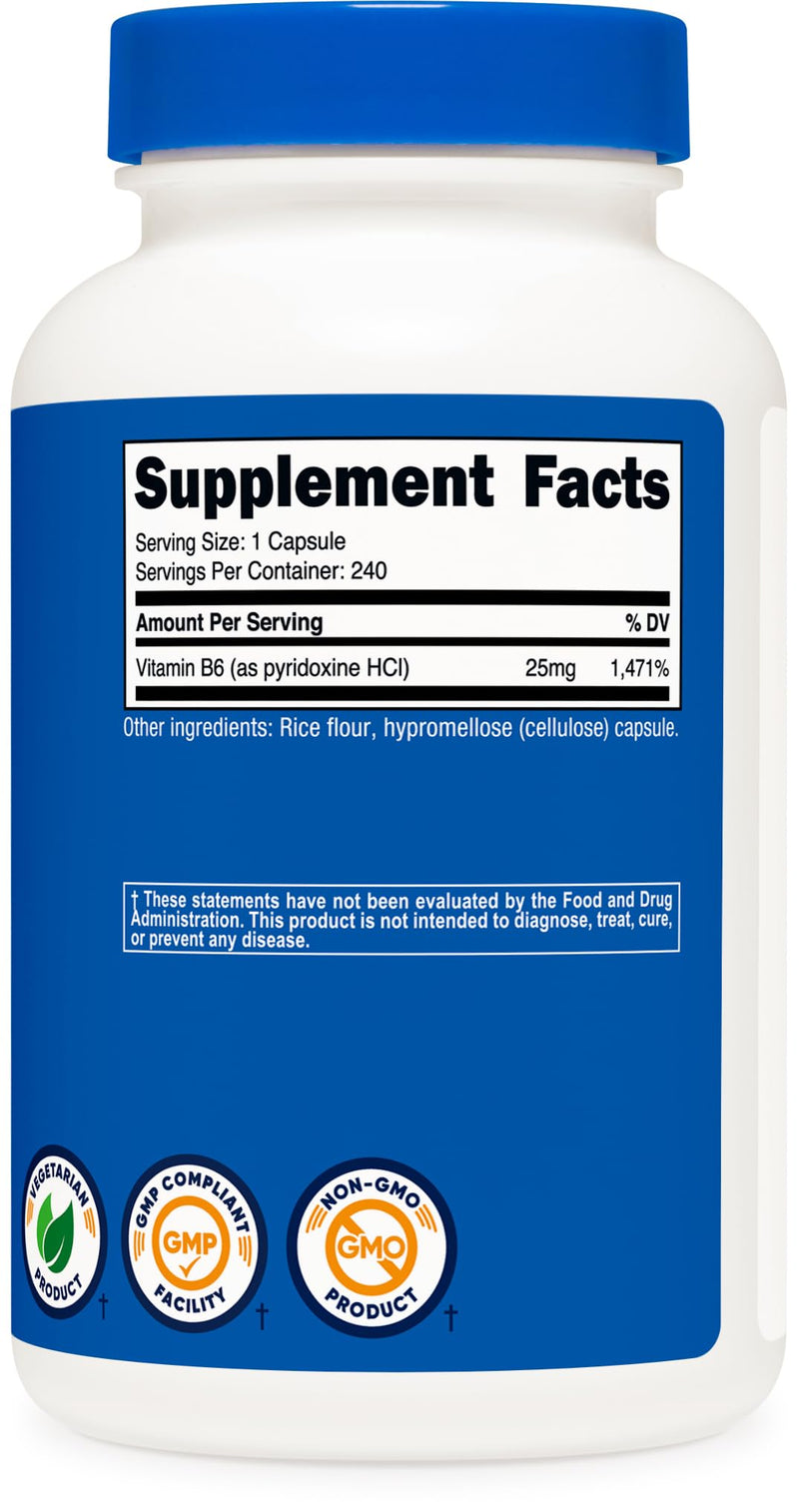 Nutricost Vitamin B6 (Pyridoxine HCl) 25mg, 240 Capsules, Gluten Free | GMO-Free, Vegetarian Friendly