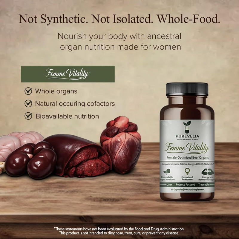 Femme Vitality™ 60 Count Female-Optimized Beef Organs Capsules, Supports Hormone Balance, Energy, and Vitality Female Optimized Beef Organs - 60 Capsules