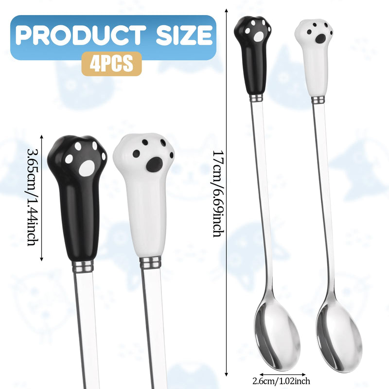 4 PCS Dog Food Scoop Cute Pet Can Spoon Stainless Steel Wet Cat Food Storage Long Handle Claw Ladle Portable Small Feeder Scoop for Dog Cat Feed Canned (White Black) - BeesActive Australia