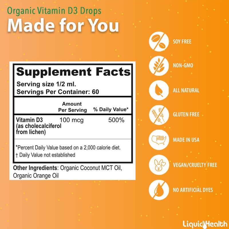 LIQUIDHEALTH Vitamin D3 4000 IU, USDA Organic Vitamin D Liquid Drops for Adults & Kids, Vegan Vitamin D for Immune System Support, Bone Health, Mood Support, Healthy Skin - Made in USA (3 Pack) 1 Fl Oz (Pack of 3)