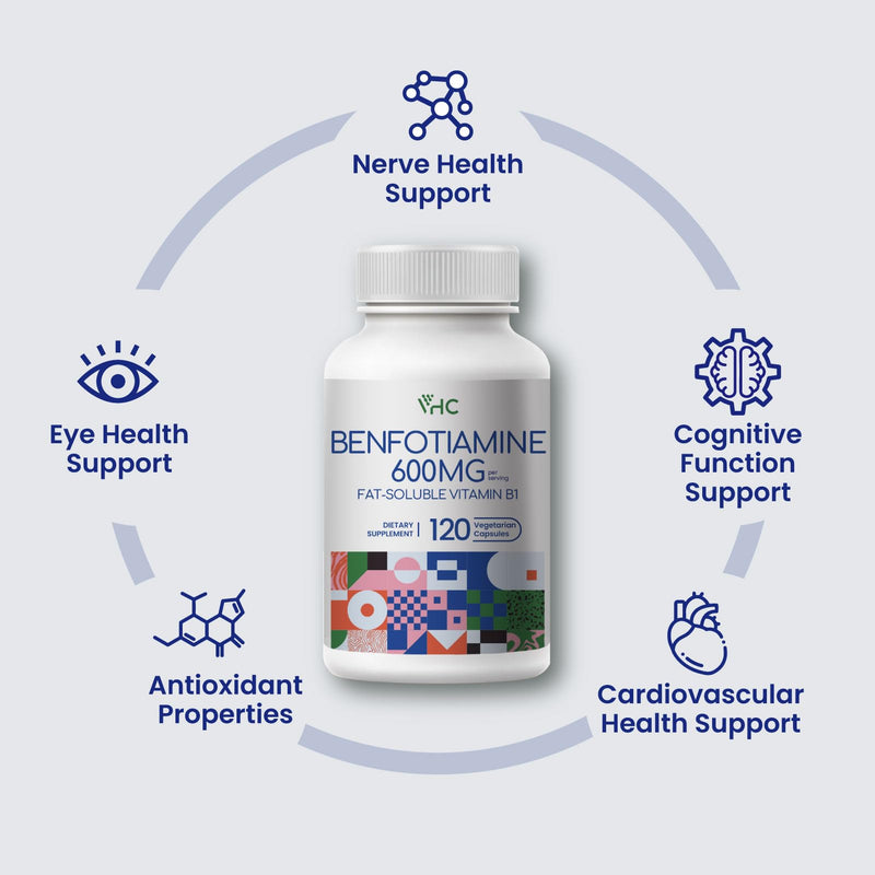 VHC Vitamin B1 Benfotiamine 600mg Supplement- 5X Time Fat-Soluble Thiamine Vitamin B1- Max Boost Bioavailable Thiamine B1 Levels Veggie Capsules,Non-GMO, Soy Free- Made in USA (120 Counts) 120 Counts