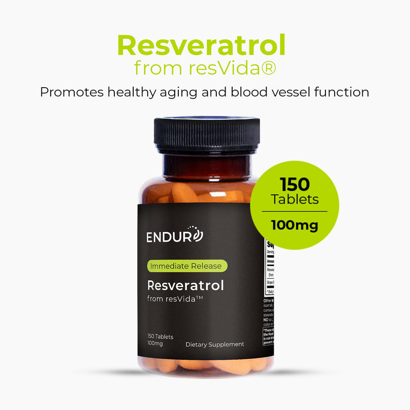 ENDUR - Resveratrol - IR (Immediate Release) Grape Skin 100 mg (150 ct) | 99% pure trans-resveratrol, branded grape extract, vegan and allergen-free, easy-to-swallow tablet