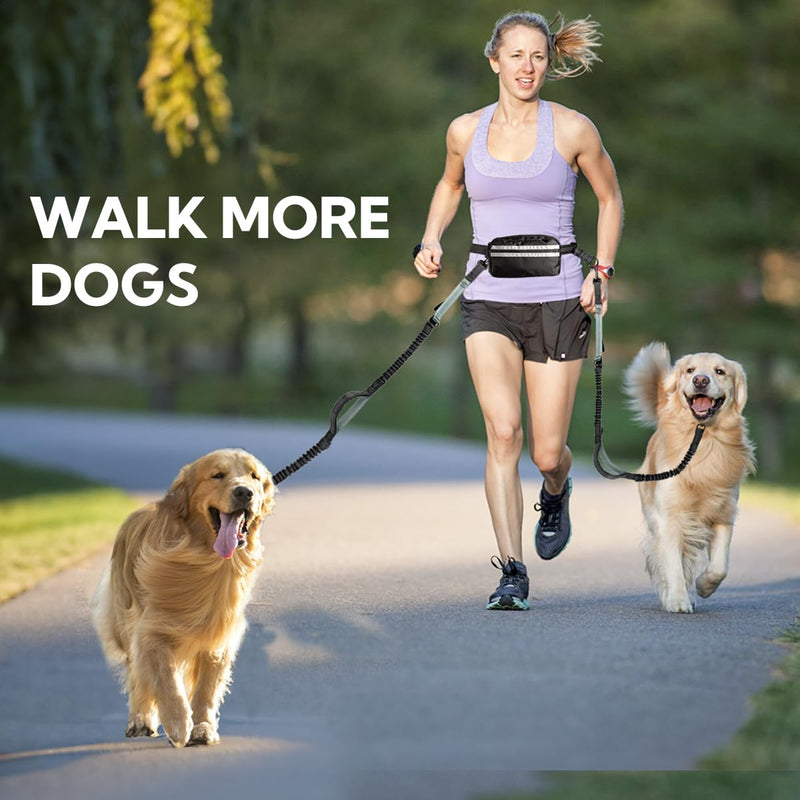 Hands Free Dog Leash, Double Dog Leash with Waist Bag, Double Padded Handles, Dog Walking Running Accessory, (Large, 26-120 lbs) Black/Gary Large 2 Leashes