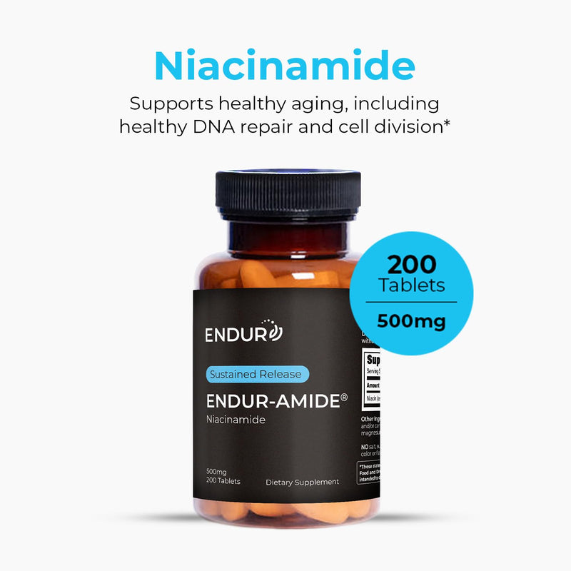 ENDUR-AMIDE - SR (Sustained Release) Niacinamide 500 mg (200 ct) | Sustained-release wax matrix delivery, 5–7 hour gradual release, supports NAD and cellular energy 200 Count (Pack of 1)