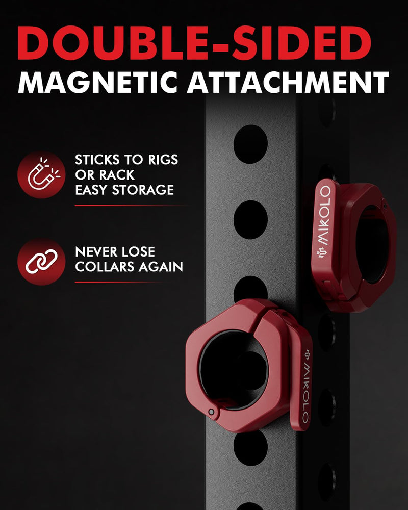 Mikolo Barbell Clamps,2-Inch Olympic Barbell Clips with Anti-Slip TPR Lining and Quick Release for Home and Gym Use Red Magnetic