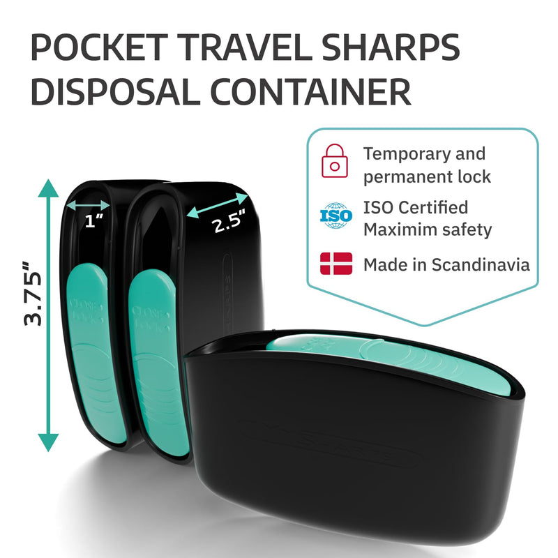 3-Pack Original Pocket Sharps Container for Diabetic Pen Needles & Test Strips | Compact & Portable | Small Sharps Containers for Home Use & Travel | Safe Bio-Hazard Lock | Black/Green Black/Green, 3-pack