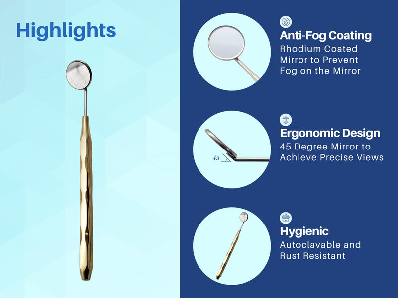 ARTMAN INSTRUMENTS Dental Mirror Set of 5 – Stainless Steel with Gold Plated Handle, Front Surface Rhodium Plasma Coated, European Style Threading, Autoclavable - BeesActive Australia